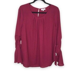 Umgee Gathered Neck Bell Flounce Lace Up Tie Sleeve Keyhole Back Women Medium